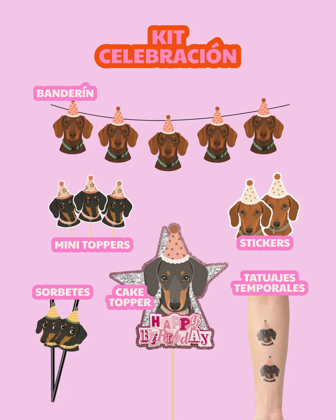 Collage «Kit celebración» de Chirimoya con banderín, stickers, mini toppers, cake topper, sorbetes y tatuajes temporales de temática perritos